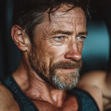 Persoană în vârstă zâmbind în bucătărie cu ingrediente sănătoase